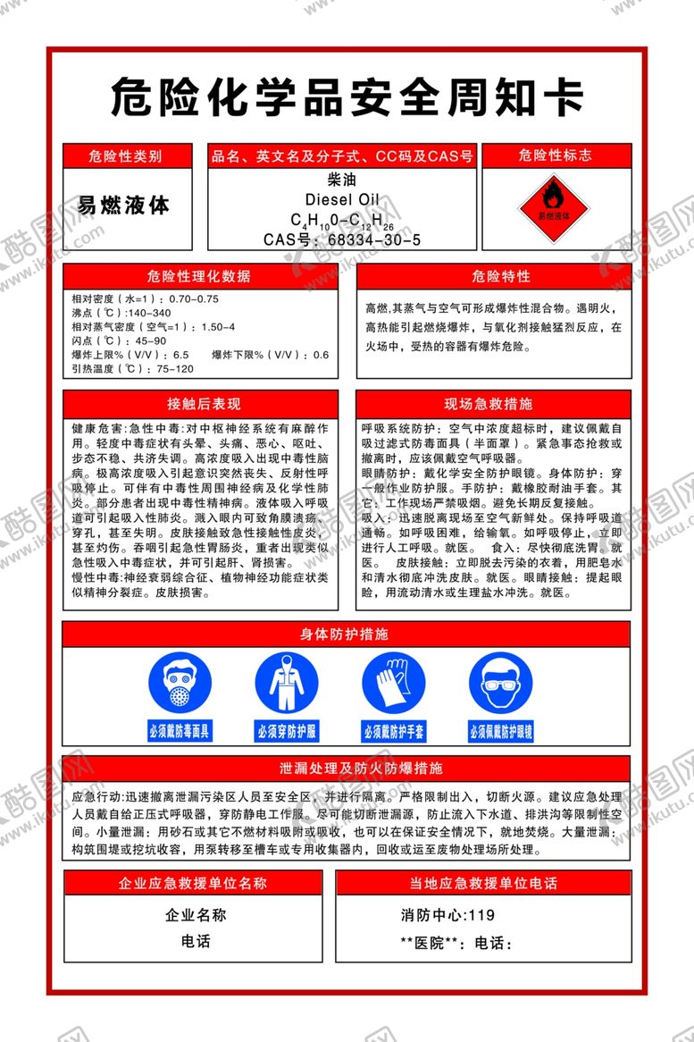 编号：38681001301346001081【酷图网】源文件下载-危险化学品安全周知卡柴油