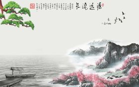 迎客松沙发背景墙松鹤延年山水画