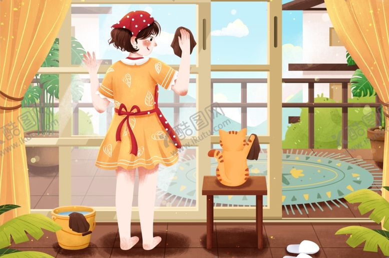 编号：47833805051147539125【酷图网】源文件下载-擦玻璃人物女孩插画卡通素材
