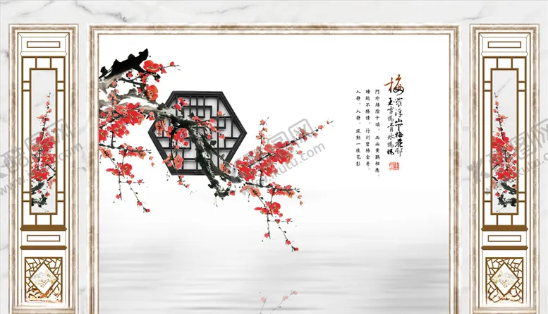 编号：14187504290230545915【酷图网】源文件下载-花鸟画梅花造型背景墙