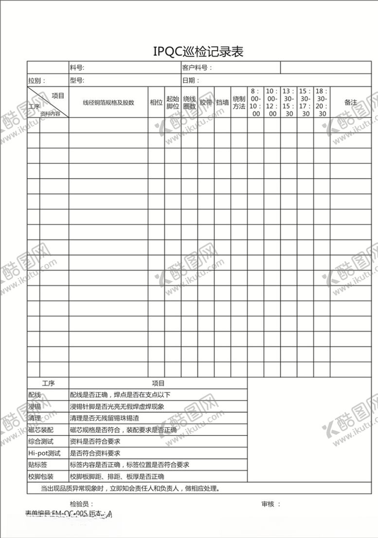 编号：56441910041457249727【酷图网】源文件下载-IPQC巡检记录表