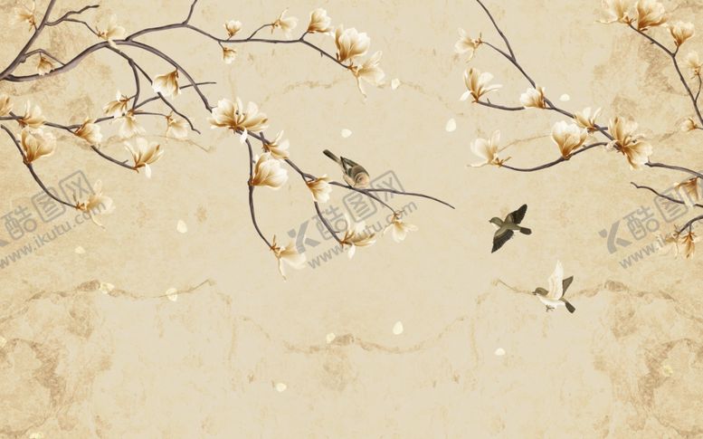 编号：91233209202327527427【酷图网】源文件下载-花鸟画玉兰背景墙