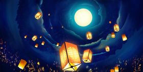 孔明灯少女传统插画卡通海报素材