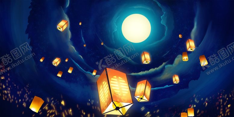 编号：17790110282132306998【酷图网】源文件下载-孔明灯灯笼天空插画卡通素材