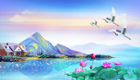 地产山水国风插画卡通背景素材