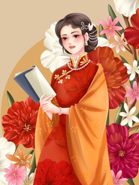 古典女子持书赏繁花手绘插画