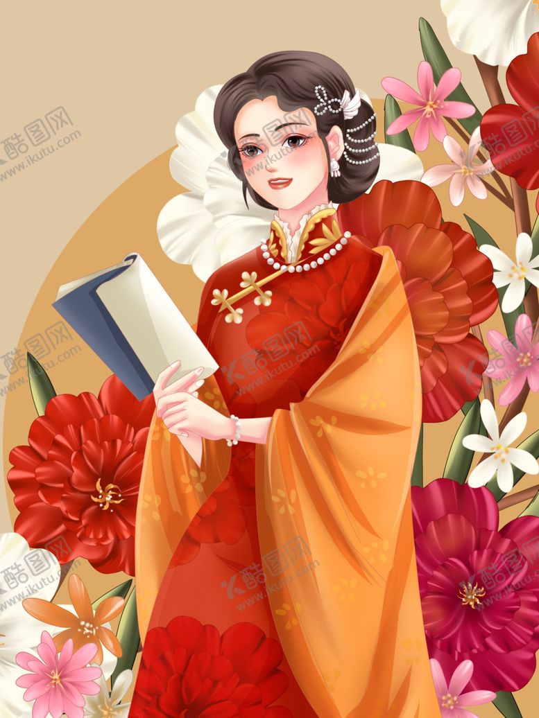 编号：44655804011604123954【酷图网】源文件下载-古典女子持书赏繁花手绘插画