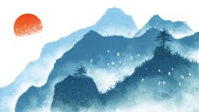 山水水彩复古插画背景海报素材