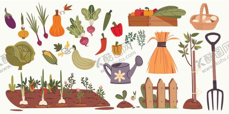 编号：86216610030152331699【酷图网】源文件下载-园艺工具与蔬菜插画