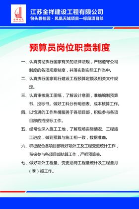 预算员岗位职责 蓝色制度牌