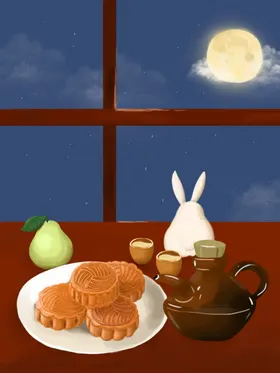 中秋插画背景墙节佳节手绘人物