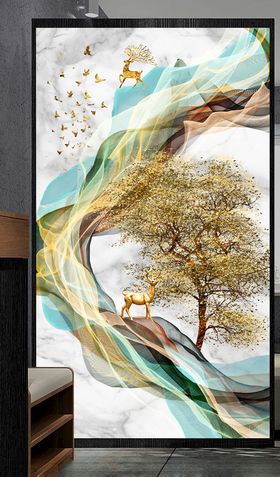 新中式抽象线条麋鹿飞鸟装饰画