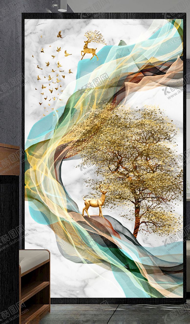 编号：29398510300004337954【酷图网】源文件下载-新中式抽象线条麋鹿飞鸟装饰画