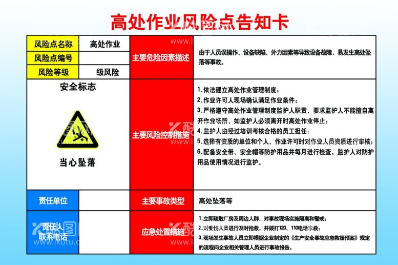 编号：62740901280234429355【酷图网】源文件下载-高处作业风险点告知卡