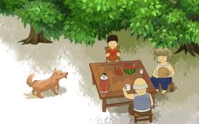 夏季吃西瓜儿童卡通插画素材分层