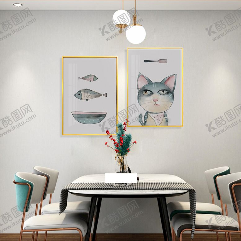 编号：49657809160401309145【酷图网】源文件下载-卡通猫鱼两联 挂画装饰画