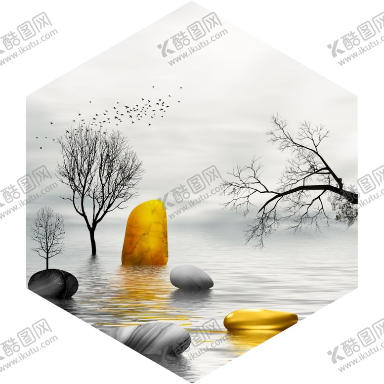 编号：23203510070414124383【酷图网】源文件下载-新中式树枝石头金色风景装饰画