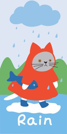 手绘卡通穿雨衣的猫咪装饰画挂画
