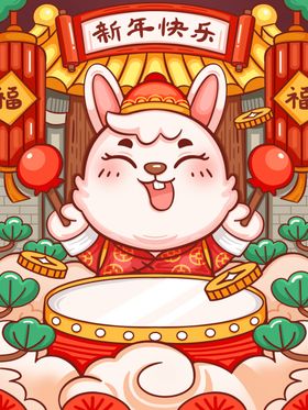 兔年海报中国元素中式背景新快乐
