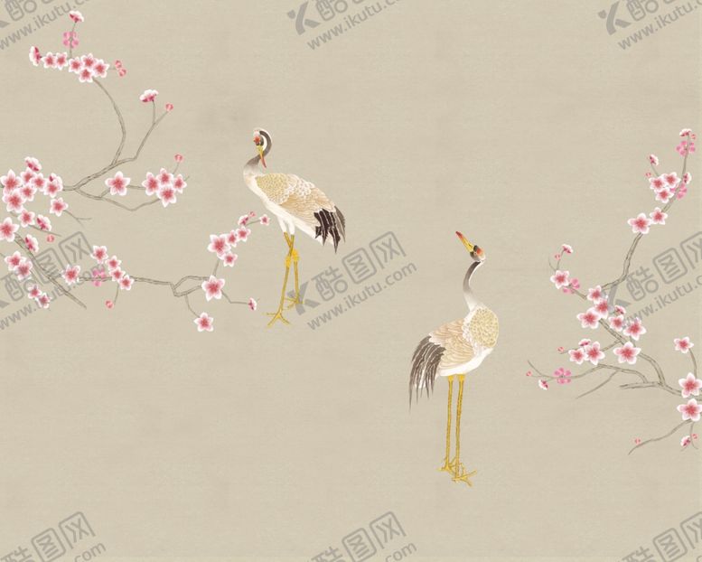 编号：17682106271744071490【酷图网】源文件下载-花鸟画手绘画鸟鹤背景墙