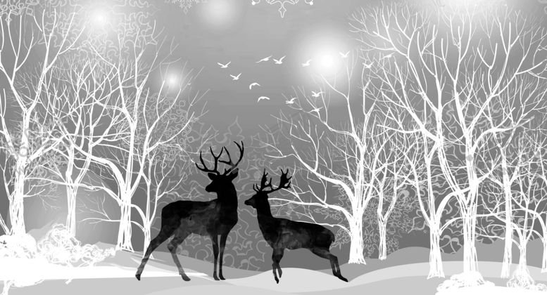 编号：36163510021159335204【酷图网】源文件下载-手绘黑白树林麋鹿电视背景墙