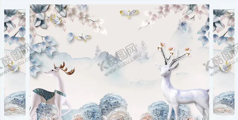 编号：25441305090954279868【酷图网】源文件下载-浮雕花鹿树背景墙
