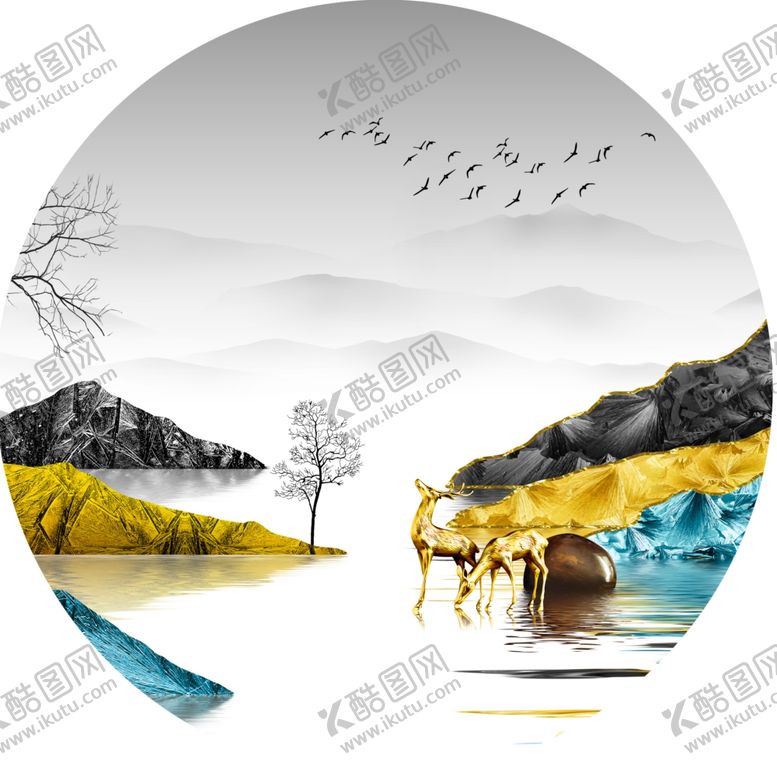 编号：44924901170522378801【酷图网】源文件下载-水墨山脉湖泊圆形挂画装饰画