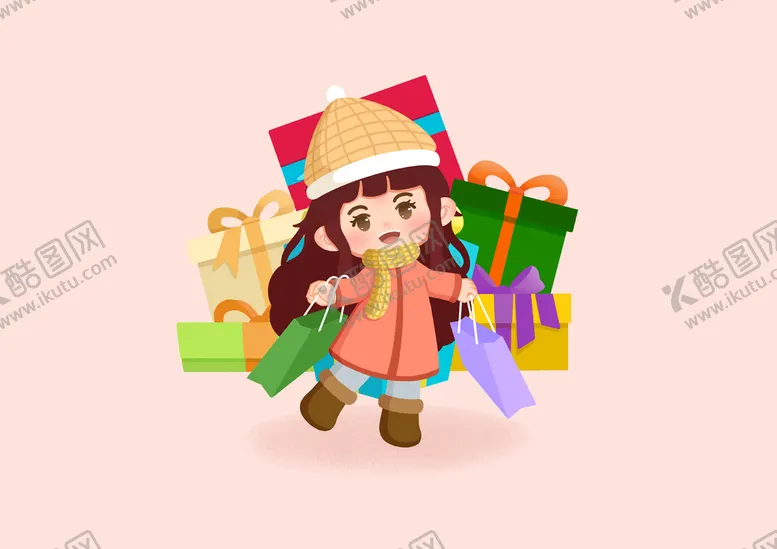 编号：12675809221439083284【酷图网】源文件下载-Q版扁平手绘双十一购物女孩