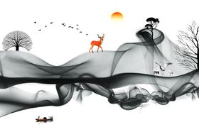 新中式背景墙立体线条山水聚宝