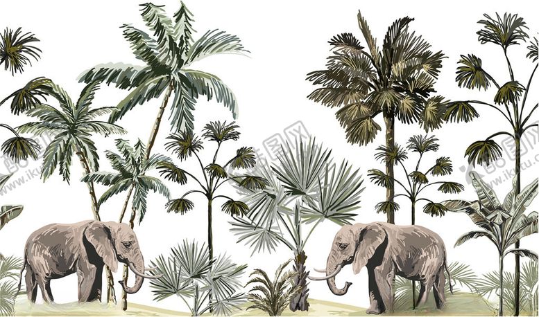 编号：91050010151825381899【酷图网】源文件下载-丛林中的大象与多样植物