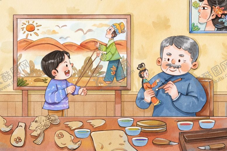 编号：32822604050822283099【酷图网】源文件下载-皮影水彩插画