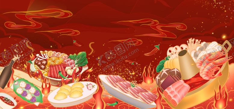 编号：11216505022345032483【酷图网】源文件下载-红色国潮美食火锅背景