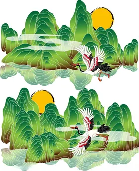 山水间仙鹤伴日图