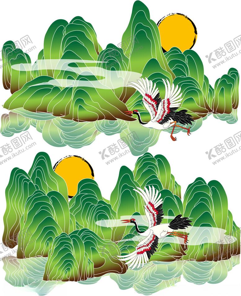 编号：12185211171945158640【酷图网】源文件下载-山水间仙鹤伴日图