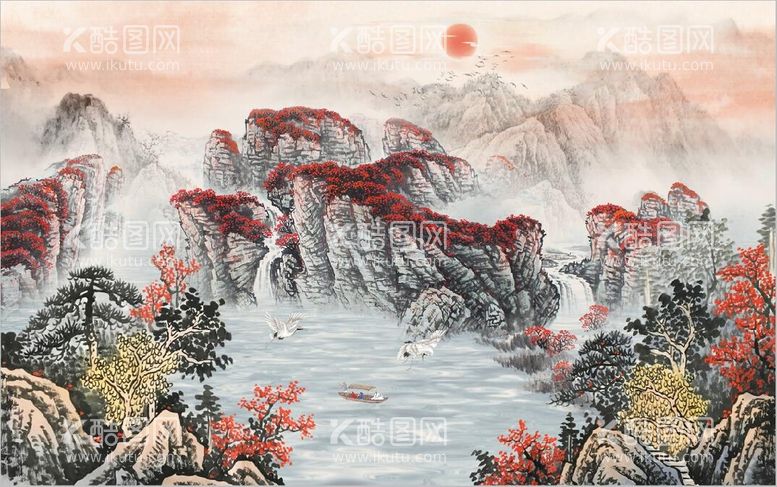 编号：65182009140453115284【酷图网】源文件下载-鸿运当头山水国画电视背景墙