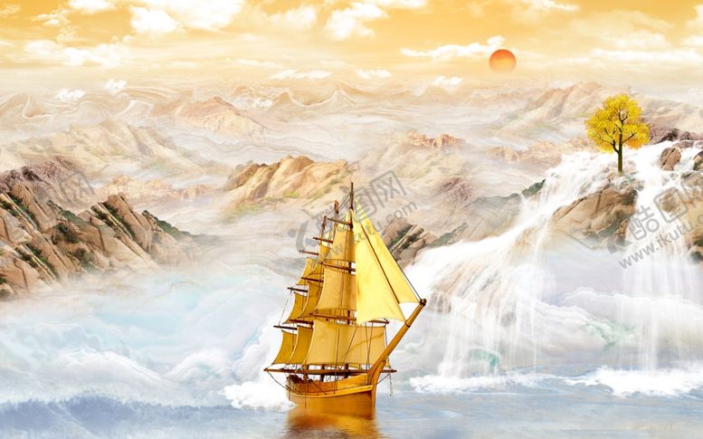 编号：38528509260731323795【酷图网】源文件下载-流水生财金色帆船