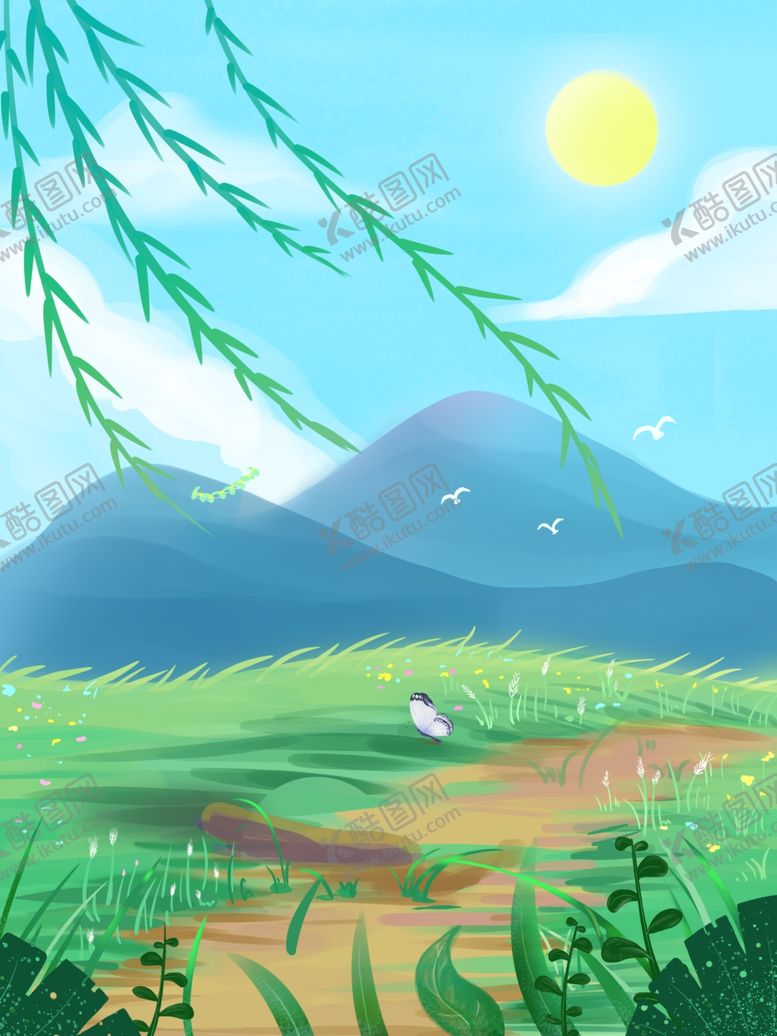 编号：33480010030630177594【酷图网】源文件下载-卡通草地高山天空背景图