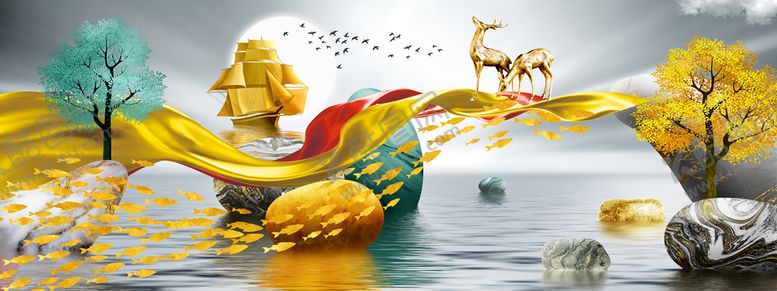 编号：28147909140824142469【酷图网】源文件下载-金色树湖泊绸布艺术挂画装饰画唯美麋鹿