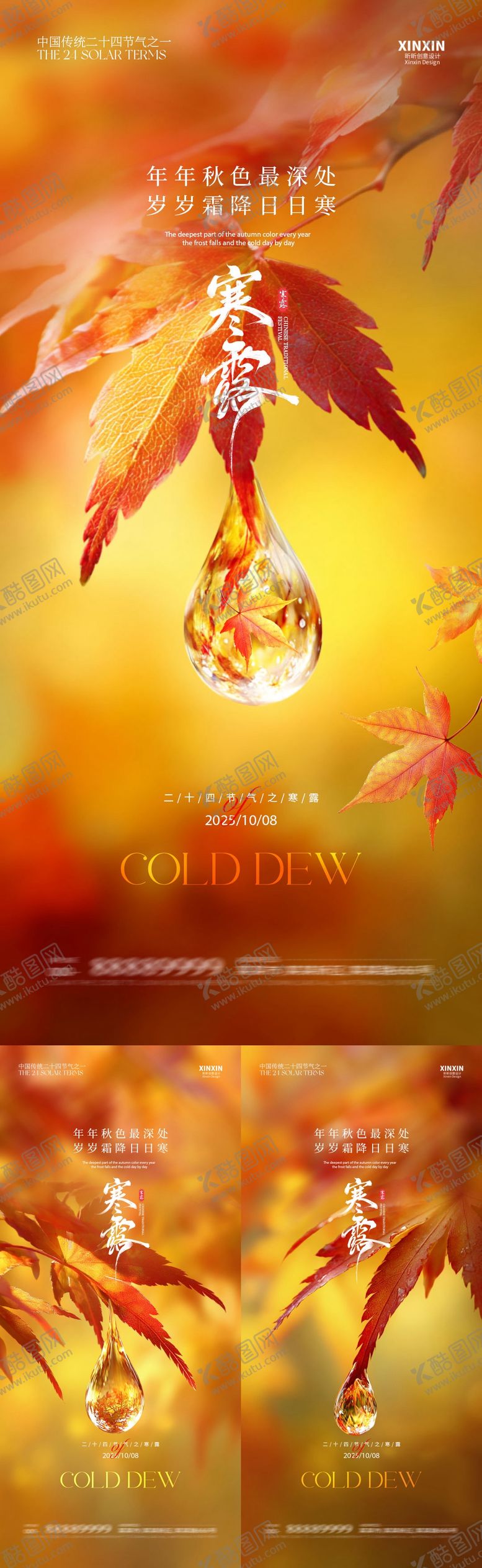 编号：17499609232027252353【酷图网】源文件下载-寒露枫叶露珠系列海报