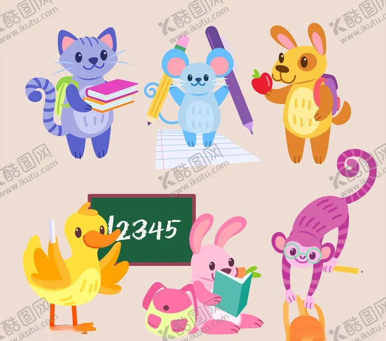 编号：73297109121757057018【酷图网】源文件下载-可爱上学动物矢量素材