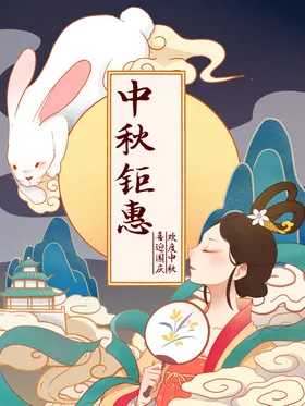 中秋节国潮风插画海报团圆背景活动玉兔