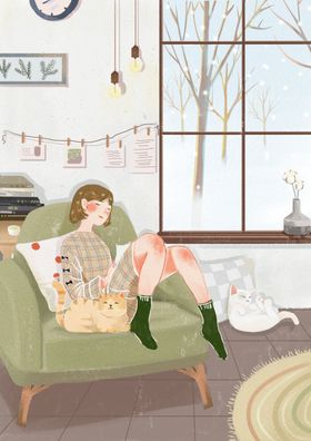 森林雪人清新少女插画卡通背景