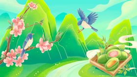 春日田园美景飞鸟与果篮