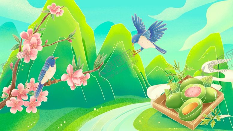 编号：67267104242140295922【酷图网】源文件下载-春日田园美景飞鸟与果篮