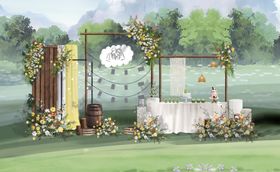 原木色白黄色草坪户外婚礼效果图