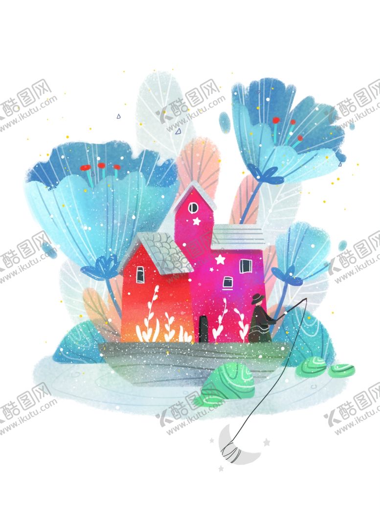 编号：29660707020318485935【酷图网】源文件下载-钓鱼梦幻人物插画卡通背景素材