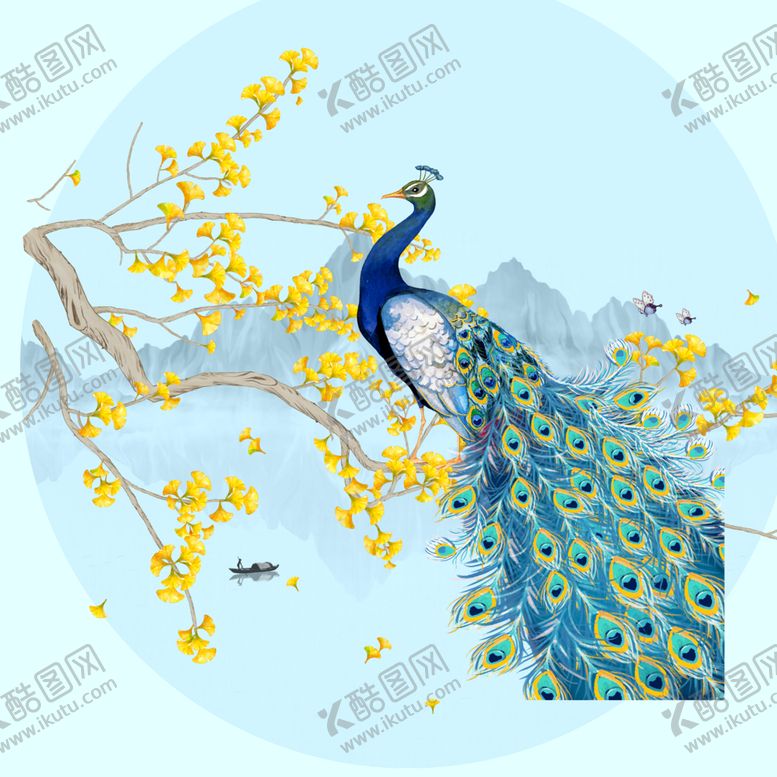 编号：92735809251930182504【酷图网】源文件下载-新中式山水银杏蓝色孔雀圆形装饰