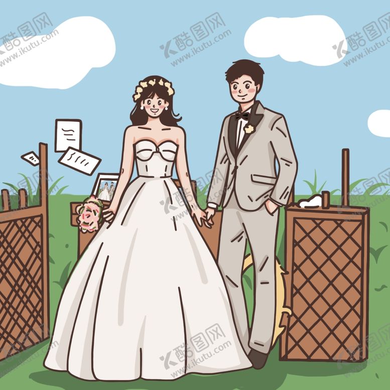 编号：85269101290029589670【酷图网】源文件下载-森系卡通手绘情侣婚纱照