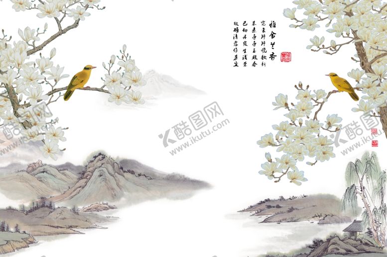 编号：25557309211325369261【酷图网】源文件下载-花鸟画玉兰黄鹂背景墙