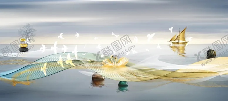 编号：95901812271835458287【酷图网】源文件下载-金色转运石帆船意境山水装饰画